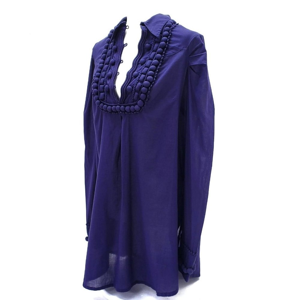 Hoss Intropia Ink Blue Purple Button Tunic Embroidered Blouse Top Long Sleeve 6